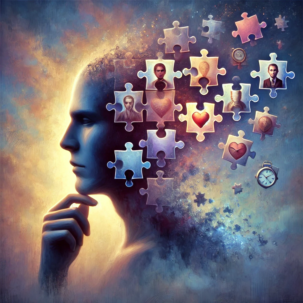 Op zoek naar mijn echte stem DALL·E 2025-05-02 22.02.46 - An emotional and symbolic digital painting showing a real, expressive human figure (not just a silhouette), partially dissolving into puzzle pieces th